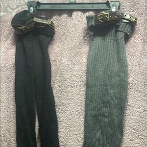 Black and Gray Knit Leg Warmers with Buckle Detail